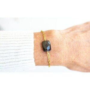 Beautiful Smokey Quartz Gemstone Faceted Bracelet Gold Paperclip Chain Bracelet